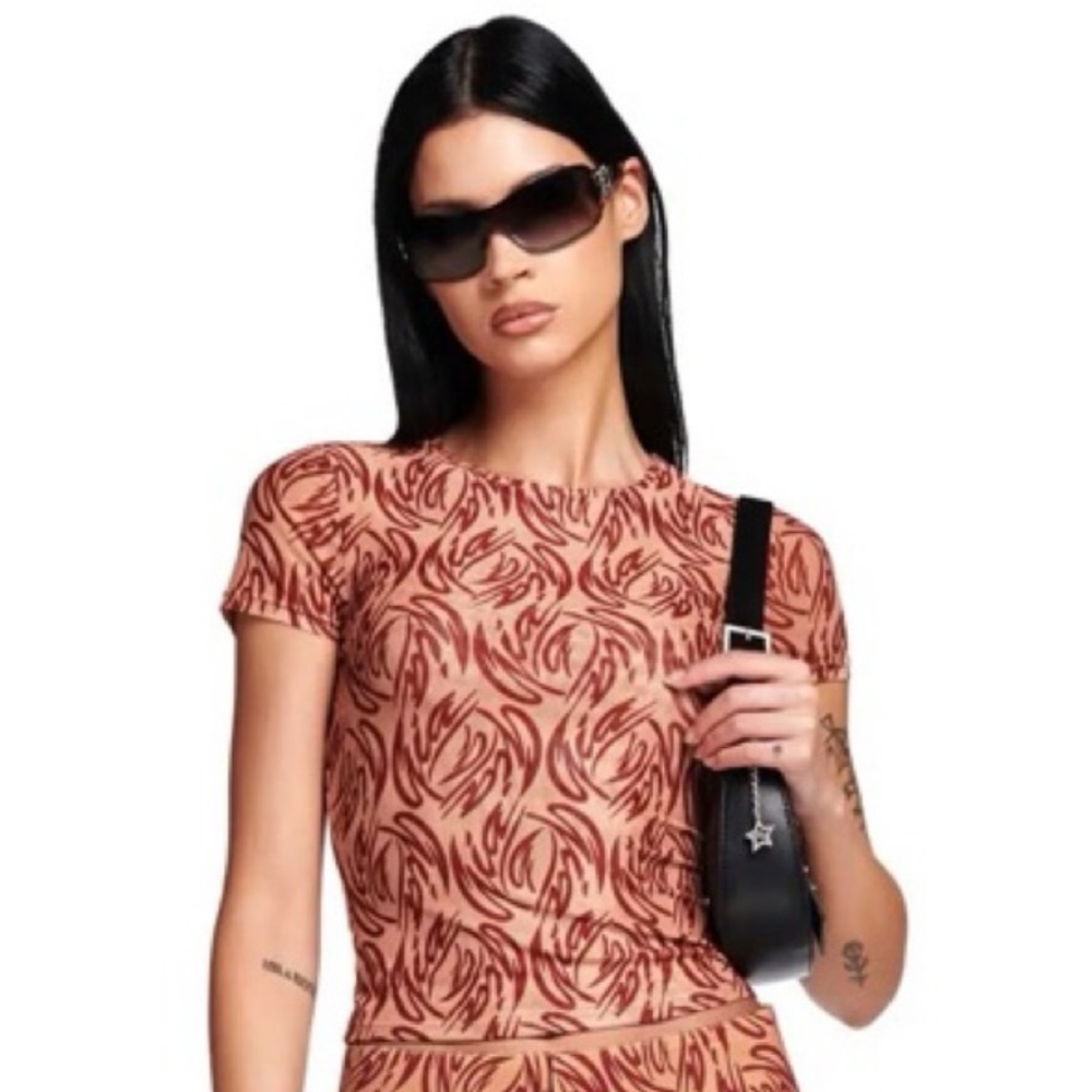 I.AM.GIA Rust Red & Tan Abstract Mesh Print Short Sleeve Sheer Top GIA Logo